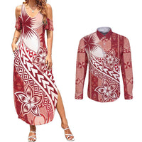 Tonga Kupesi Ngatu Couples Matching Summer Maxi Dress and Long Sleeve Button Shirt Vintage Red Plumeria LT05 Red - Polynesian Pride