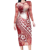 Tonga Kupesi Ngatu Family Matching Long Sleeve Bodycon Dress and Hawaiian Shirt Vintage Red Plumeria LT05 Mom's Dress Red - Polynesian Pride
