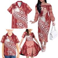 Tonga Kupesi Ngatu Family Matching Off The Shoulder Long Sleeve Dress and Hawaiian Shirt Vintage Red Plumeria LT05 - Polynesian Pride