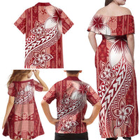 Tonga Kupesi Ngatu Family Matching Off Shoulder Maxi Dress and Hawaiian Shirt Vintage Red Plumeria LT05 - Polynesian Pride
