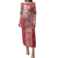 Tonga Kupesi Ngatu Family Matching Puletasi and Hawaiian Shirt Vintage Red Plumeria LT05 Mom's Dress Red - Polynesian Pride