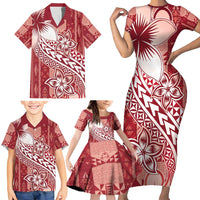 Tonga Kupesi Ngatu Family Matching Short Sleeve Bodycon Dress and Hawaiian Shirt Vintage Red Plumeria LT05 - Polynesian Pride