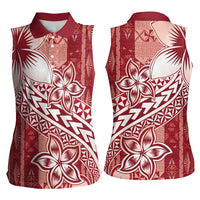 Tonga Kupesi Ngatu Women Sleeveless Polo Shirt Vintage Red Plumeria LT05 - Polynesian Pride