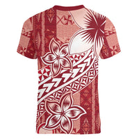 Tonga Kupesi Ngatu Women V-Neck T-Shirt Vintage Red Plumeria LT05 - Polynesian Pride