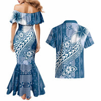 Tonga Kupesi Ngatu Couples Matching Mermaid Dress and Hawaiian Shirt Vintage Blue Plumeria LT05 - Polynesian Pride