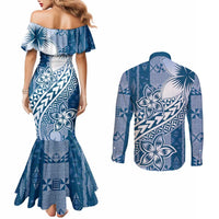 Tonga Kupesi Ngatu Couples Matching Mermaid Dress and Long Sleeve Button Shirt Vintage Blue Plumeria LT05 - Polynesian Pride