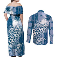 Tonga Kupesi Ngatu Couples Matching Off Shoulder Maxi Dress and Long Sleeve Button Shirt Vintage Blue Plumeria LT05 - Polynesian Pride