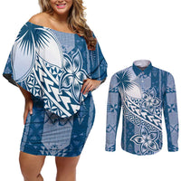 Tonga Kupesi Ngatu Couples Matching Off Shoulder Short Dress and Long Sleeve Button Shirt Vintage Blue Plumeria LT05 Blue - Polynesian Pride