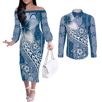 Tonga Kupesi Ngatu Couples Matching Off The Shoulder Long Sleeve Dress and Long Sleeve Button Shirt Vintage Blue Plumeria LT05 Blue - Polynesian Pride