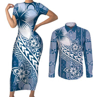 Tonga Kupesi Ngatu Couples Matching Short Sleeve Bodycon Dress and Long Sleeve Button Shirt Vintage Blue Plumeria LT05 Blue - Polynesian Pride