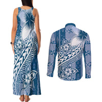 Tonga Kupesi Ngatu Couples Matching Tank Maxi Dress and Long Sleeve Button Shirt Vintage Blue Plumeria LT05 - Polynesian Pride