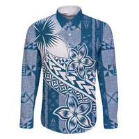 Tonga Kupesi Ngatu Family Matching Mermaid Dress and Hawaiian Shirt Vintage Blue Plumeria LT05 Dad's Shirt - Long Sleeve Blue - Polynesian Pride