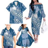 Tonga Kupesi Ngatu Family Matching Off The Shoulder Long Sleeve Dress and Hawaiian Shirt Vintage Blue Plumeria LT05 - Polynesian Pride