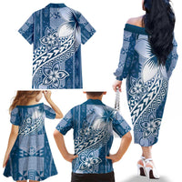 Tonga Kupesi Ngatu Family Matching Off The Shoulder Long Sleeve Dress and Hawaiian Shirt Vintage Blue Plumeria LT05 - Polynesian Pride