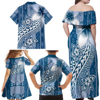 Tonga Kupesi Ngatu Family Matching Off Shoulder Maxi Dress and Hawaiian Shirt Vintage Blue Plumeria LT05 - Polynesian Pride
