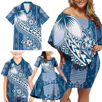 Tonga Kupesi Ngatu Family Matching Off Shoulder Short Dress and Hawaiian Shirt Vintage Blue Plumeria LT05 - Polynesian Pride