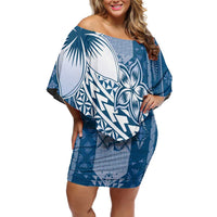 Tonga Kupesi Ngatu Family Matching Off Shoulder Short Dress and Hawaiian Shirt Vintage Blue Plumeria LT05 Mom's Dress Blue - Polynesian Pride