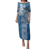 Tonga Kupesi Ngatu Family Matching Puletasi and Hawaiian Shirt Vintage Blue Plumeria LT05 Mom's Dress Blue - Polynesian Pride