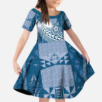 Tonga Kupesi Ngatu Family Matching Short Sleeve Bodycon Dress and Hawaiian Shirt Vintage Blue Plumeria LT05 Daughter's Dress Blue - Polynesian Pride