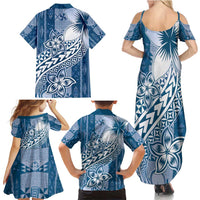 Tonga Kupesi Ngatu Family Matching Summer Maxi Dress and Hawaiian Shirt Vintage Blue Plumeria LT05 - Polynesian Pride