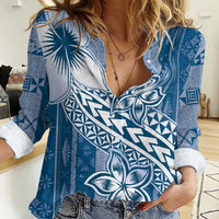 Tonga Kupesi Ngatu Women Casual Shirt Vintage Blue Plumeria