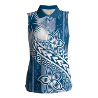 Tonga Kupesi Ngatu Women Sleeveless Polo Shirt Vintage Blue Plumeria LT05 Female Blue - Polynesian Pride