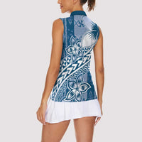 Tonga Kupesi Ngatu Women Sleeveless Polo Shirt Vintage Blue Plumeria LT05 - Polynesian Pride