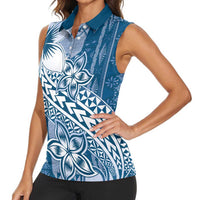 Tonga Kupesi Ngatu Women Sleeveless Polo Shirt Vintage Blue Plumeria LT05 - Polynesian Pride