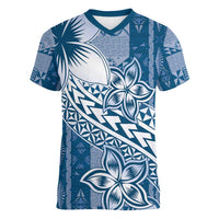 Tonga Kupesi Ngatu Women V-Neck T-Shirt Vintage Blue Plumeria LT05 Female Blue - Polynesian Pride