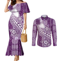 Tonga Kupesi Ngatu Couples Matching Mermaid Dress and Long Sleeve Button Shirt Vintage Purple Plumeria LT05 Purple - Polynesian Pride