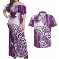 Tonga Kupesi Ngatu Couples Matching Off Shoulder Maxi Dress and Hawaiian Shirt Vintage Purple Plumeria LT05 Purple - Polynesian Pride