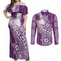 Tonga Kupesi Ngatu Couples Matching Off Shoulder Maxi Dress and Long Sleeve Button Shirt Vintage Purple Plumeria LT05 Purple - Polynesian Pride