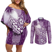 Tonga Kupesi Ngatu Couples Matching Off Shoulder Short Dress and Long Sleeve Button Shirt Vintage Purple Plumeria LT05 Purple - Polynesian Pride