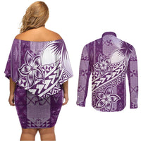 Tonga Kupesi Ngatu Couples Matching Off Shoulder Short Dress and Long Sleeve Button Shirt Vintage Purple Plumeria LT05 - Polynesian Pride