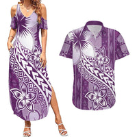 Tonga Kupesi Ngatu Couples Matching Summer Maxi Dress and Hawaiian Shirt Vintage Purple Plumeria LT05 Purple - Polynesian Pride