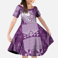 Tonga Kupesi Ngatu Family Matching Long Sleeve Bodycon Dress and Hawaiian Shirt Vintage Purple Plumeria LT05 Daughter's Dress Purple - Polynesian Pride