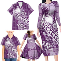 Tonga Kupesi Ngatu Family Matching Long Sleeve Bodycon Dress and Hawaiian Shirt Vintage Purple Plumeria LT05 - Polynesian Pride