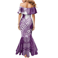 Tonga Kupesi Ngatu Family Matching Mermaid Dress and Hawaiian Shirt Vintage Purple Plumeria LT05 - Polynesian Pride