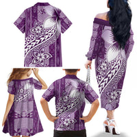 Tonga Kupesi Ngatu Family Matching Off The Shoulder Long Sleeve Dress and Hawaiian Shirt Vintage Purple Plumeria LT05 - Polynesian Pride