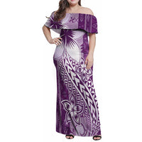 Tonga Kupesi Ngatu Family Matching Off Shoulder Maxi Dress and Hawaiian Shirt Vintage Purple Plumeria LT05 Mom's Dress Purple - Polynesian Pride