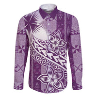 Tonga Kupesi Ngatu Family Matching Puletasi and Hawaiian Shirt Vintage Purple Plumeria LT05 Dad's Shirt - Long Sleeve Purple - Polynesian Pride