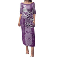 Tonga Kupesi Ngatu Family Matching Puletasi and Hawaiian Shirt Vintage Purple Plumeria LT05 Mom's Dress Purple - Polynesian Pride