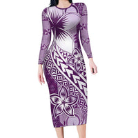 Tonga Kupesi Ngatu Long Sleeve Bodycon Dress Vintage Purple Plumeria LT05 Long Dress Purple - Polynesian Pride
