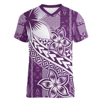 Tonga Kupesi Ngatu Women V-Neck T-Shirt Vintage Purple Plumeria LT05 Female Purple - Polynesian Pride