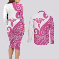 Personalised New Zealand Nurse Couples Matching Long Sleeve Bodycon Dress and Long Sleeve Button Shirt Maori Koru Pink Version LT05 - Polynesian Pride