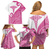 Personalised New Zealand Nurse Family Matching Off Shoulder Short Dress and Hawaiian Shirt Maori Koru Pink Version LT05 - Polynesian Pride