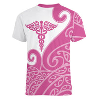 Personalised New Zealand Nurse Women V-Neck T-Shirt Maori Koru Pink Version LT05 - Polynesian Pride