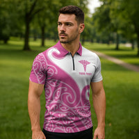 Personalised New Zealand Nurse Zipper Polo Shirt Maori Koru Pink Version