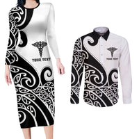 Personalised New Zealand Nurse Couples Matching Long Sleeve Bodycon Dress and Long Sleeve Button Shirt Maori Koru Black Version LT05 Black - Polynesian Pride