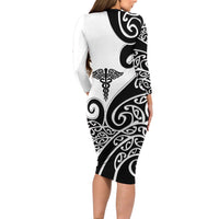 Personalised New Zealand Nurse Family Matching Long Sleeve Bodycon Dress and Hawaiian Shirt Maori Koru Black Version LT05 - Polynesian Pride